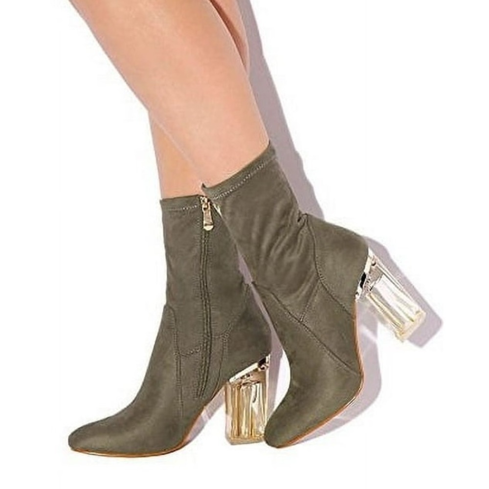 Cape Robbin Fay-1 No Frontin Clear Heel Stretch Suede Ankle Boot Olive, size 8.5